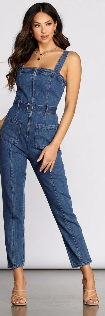 Busy Babe Zip Front Denim Jumpsuit