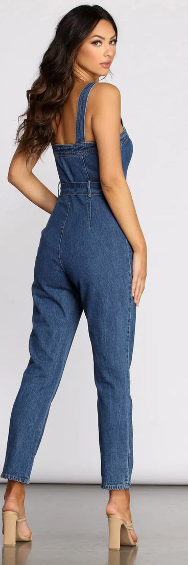 Busy Babe Zip Front Denim Jumpsuit