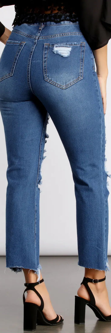 High Rise Super Destructed Straight Leg Jeans