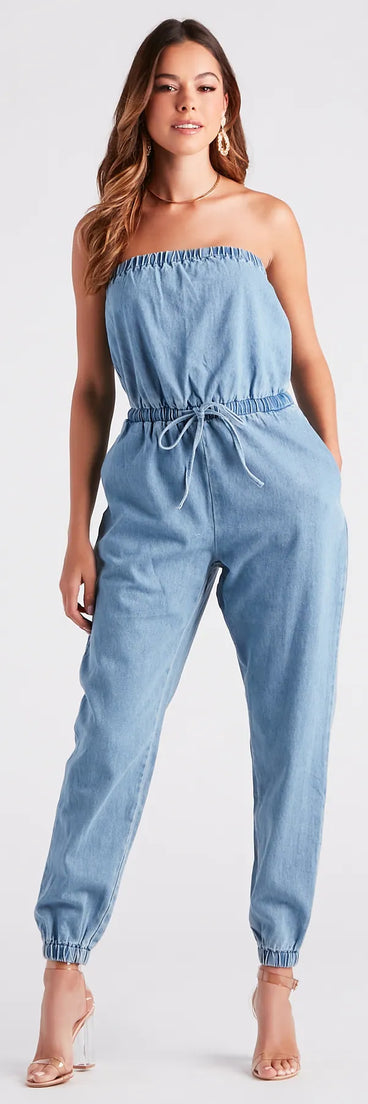 Fit Check Strapless Denim Jogger Jumpsuit