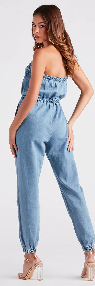 Fit Check Strapless Denim Jogger Jumpsuit