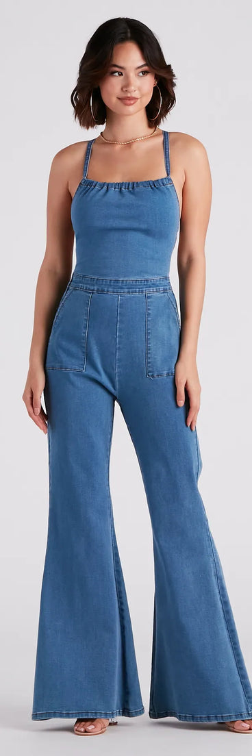 So Major Halter Lace-Up Denim Jumpsuit