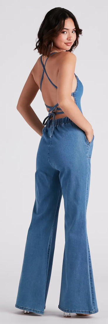 So Major Halter Lace-Up Denim Jumpsuit