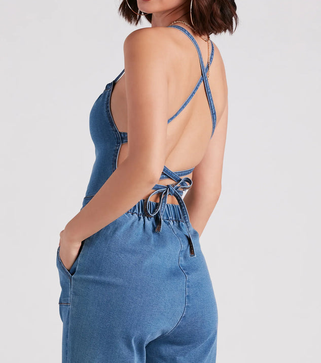 So Major Halter Lace-Up Denim Jumpsuit | Windsor