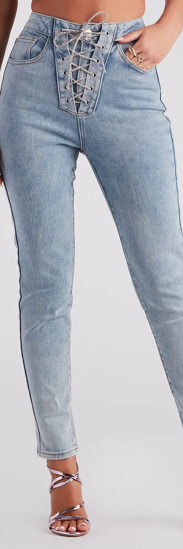 Glam Trendsetter Rhinestone Lace-up Skinny Jeans