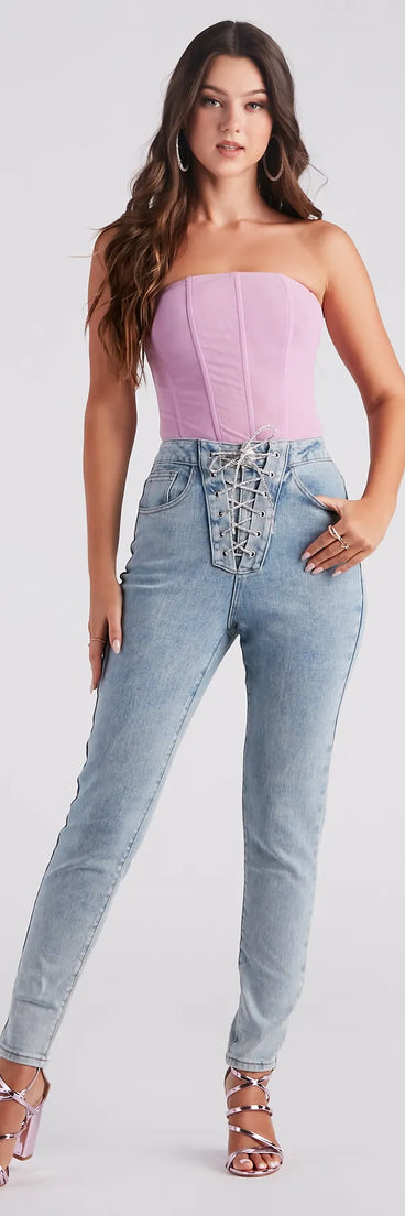 Glam Trendsetter Rhinestone Lace-up Skinny Jeans