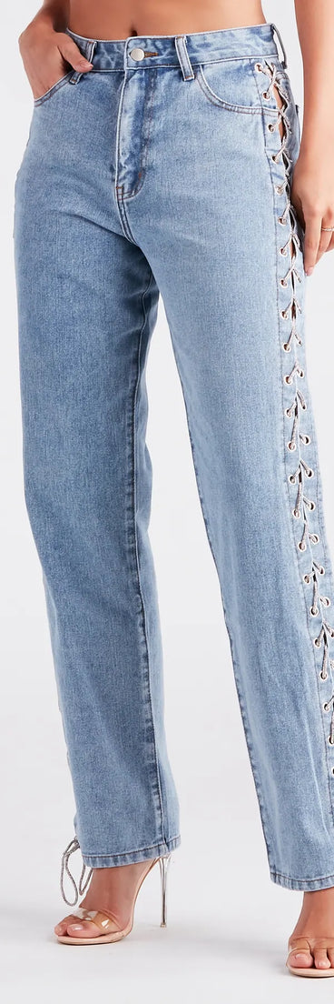 Glam Icon Rhinestone Lace-Up Jeans