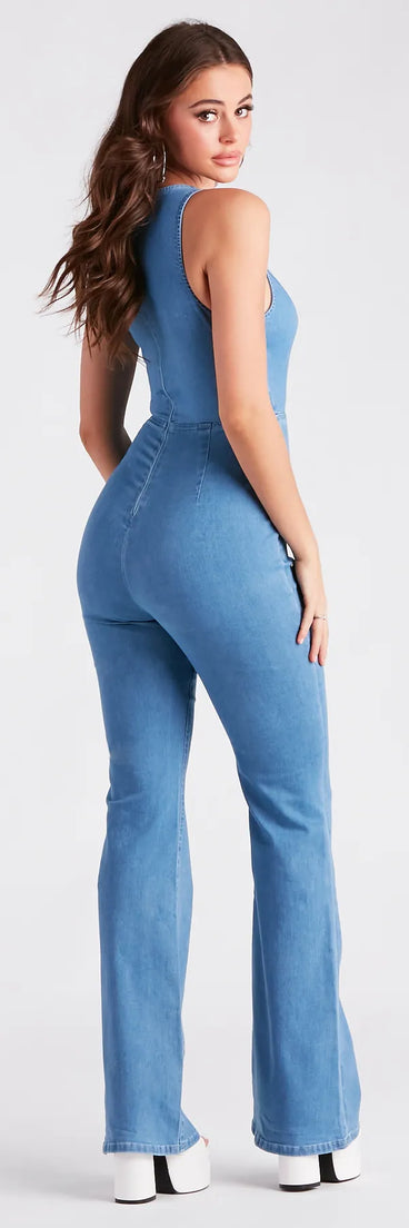 Retro Fab Flare-Leg Denim Jumpsuit