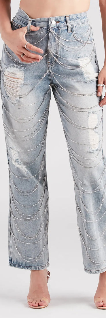 Glitzy Icon Rhinestone Draped Straight-Leg Jeans