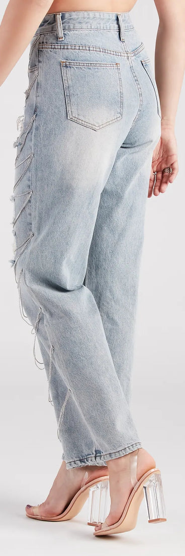 Glitzy Icon Rhinestone Draped Straight-Leg Jeans