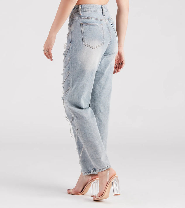 ラ*中様 新品shoop 21AW CHALCEDONY LACE DENIM Glitzy Icon Rhinestone Draped Straight-Leg Jeans | Windsor