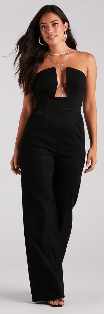 Entice The Night Plunge Neck Denim Jumpsuit