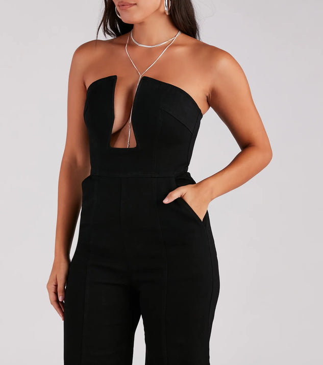 Entice The Night Plunge Neck Denim Jumpsuit | Windsor