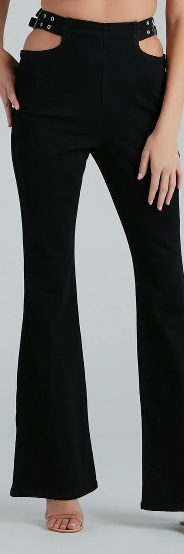 Buckle Up High Rise Cutout Flare Denim Jeans