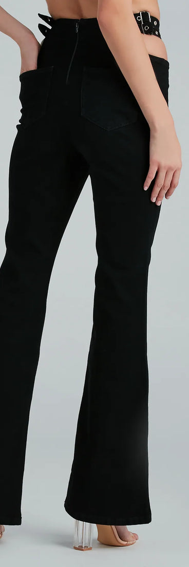 Buckle Up High Rise Cutout Flare Denim Jeans