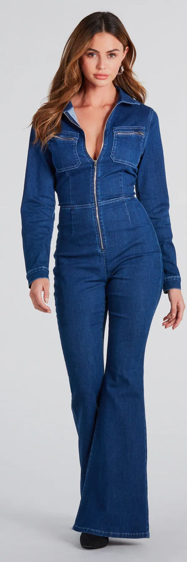 You've Got Flare Long Sleeve Denim Jumpsuit