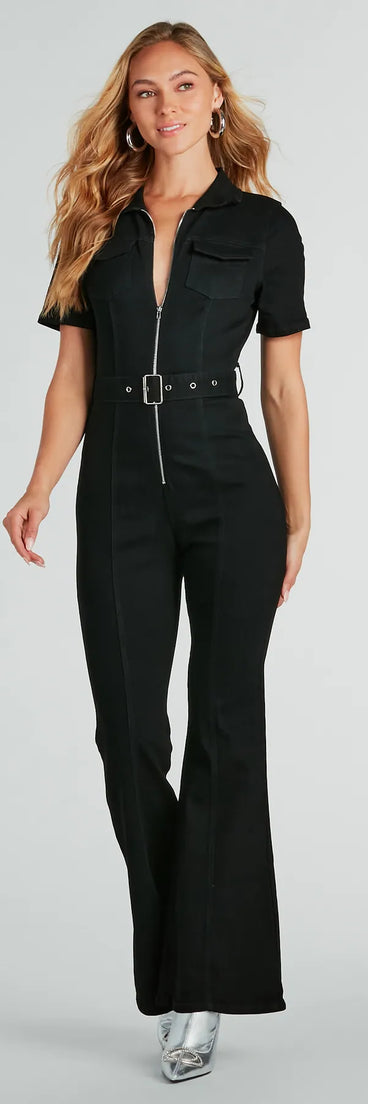 Revamped Retro Belted Flare Denim Jumpsuit