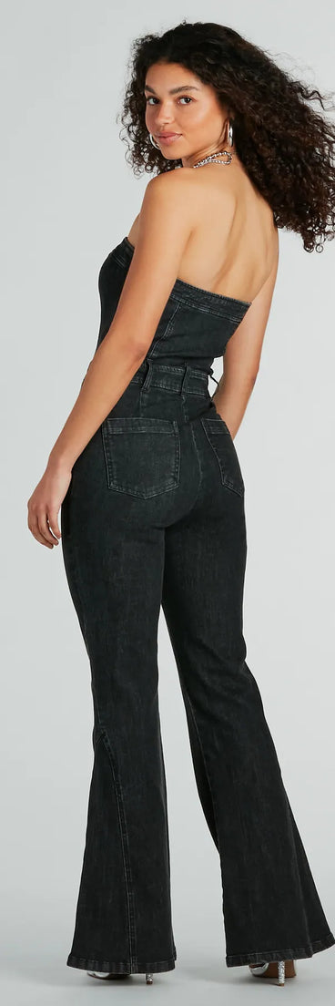  Flirty Retro Strapless Flare Denim Jumpsuit is a women's jumpsuit with an on-trend leg style and elevated fabric that adds texture, perfect for crafting effortless office-ready winter outfits.