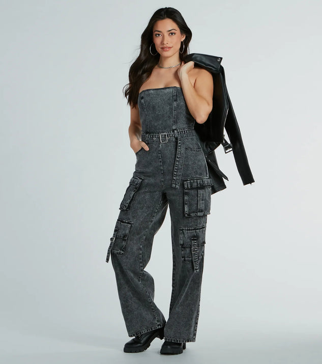 Pit Stop Strapless Cargo Acid Wide-Leg Denim Jumpsuit | Windsor