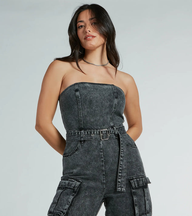 Pit Stop Strapless Cargo Acid Wide-Leg Denim Jumpsuit | Windsor