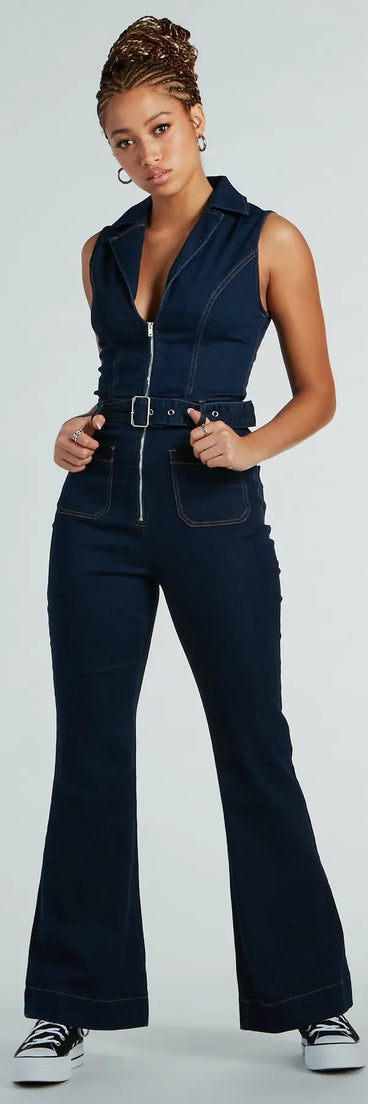 Retro Vibes Belted Flared-Leg Denim Jumpsuit