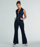 Retro Vibes Belted Flared-Leg Denim Jumpsuit
