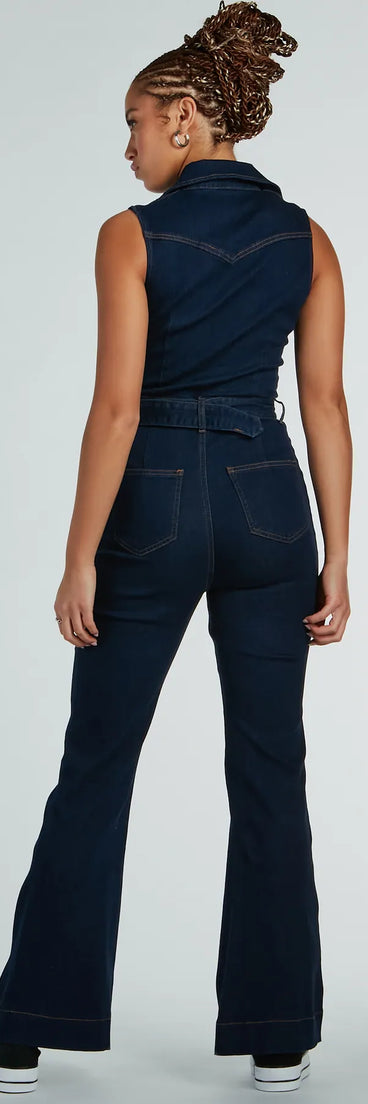 Retro Vibes Belted Flared-Leg Denim Jumpsuit