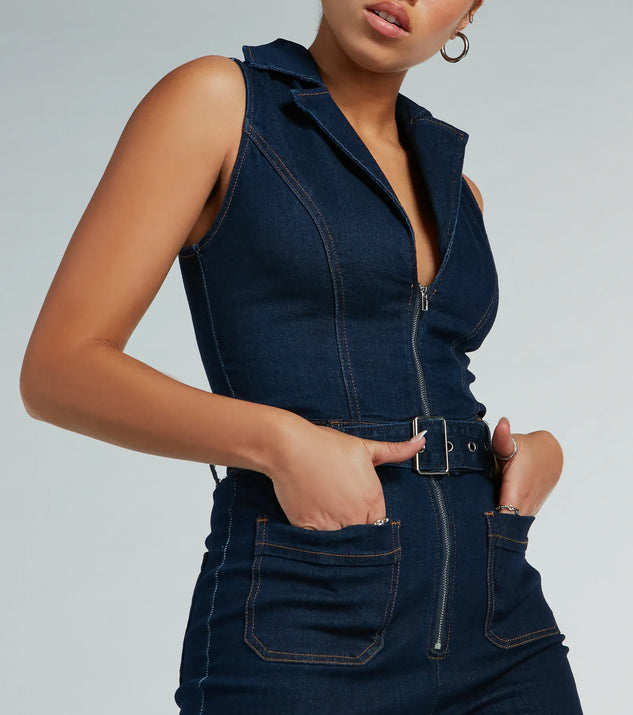 Retro Vibes Belted Flared-Leg Denim Jumpsuit | Windsor