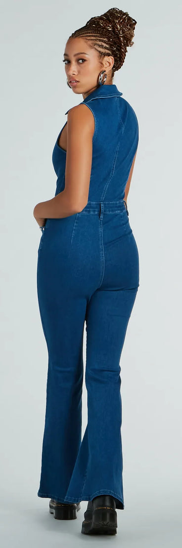 Retro Attitude Studded Flared-Leg Denim Jumpsuit