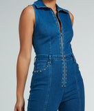Retro Attitude Studded Flared-Leg Denim Jumpsuit