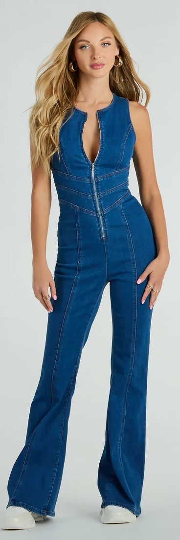 Heart Open Zip Up Flare Denim Jumpsuit