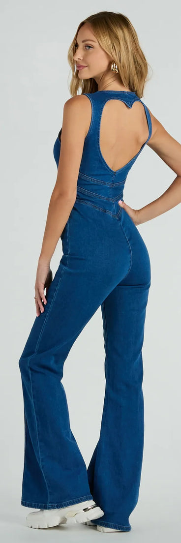 Heart Open Zip Up Flare Denim Jumpsuit