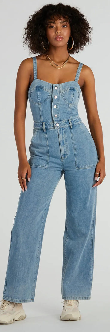 Trendy Perfection Button Up Wide Leg Denim Jumpsuit