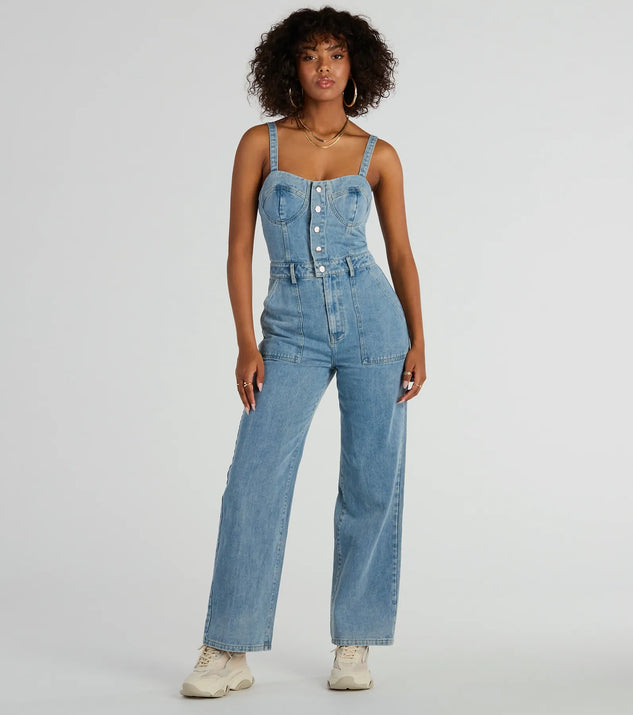Trendy Perfection Button Up Wide Leg Denim Jumpsuit | Windsor Trendy Perfection Button Up Wide Leg Denim Jumpsuit | Windsor