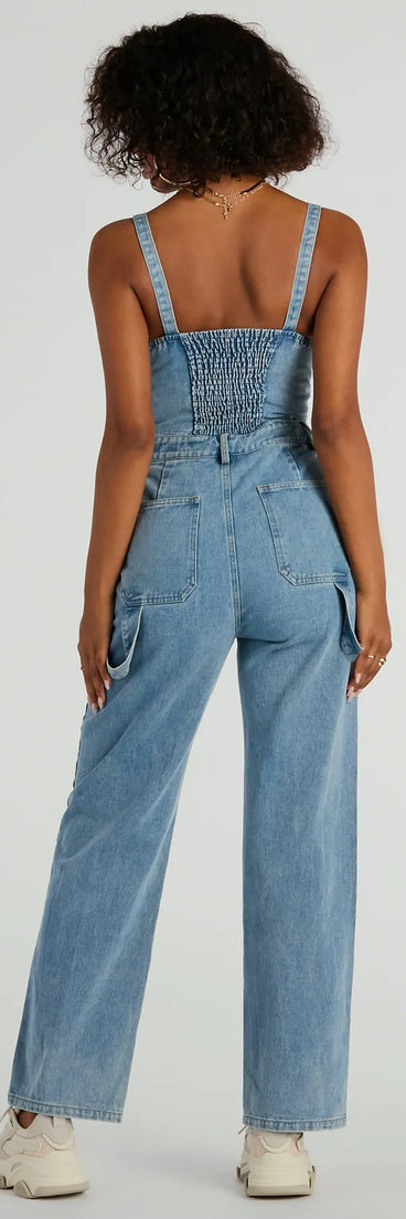 Trendy Perfection Button Up Wide Leg Denim Jumpsuit