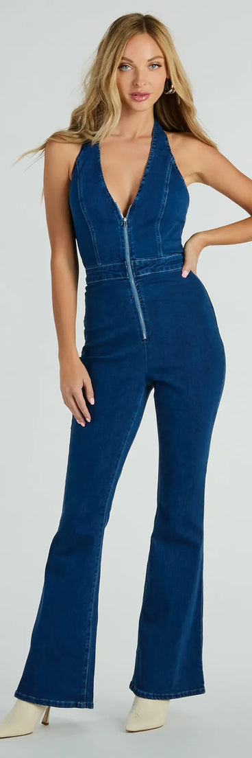 Coolest In Town Halter Zip-Up Flare Denim Jumpsuit