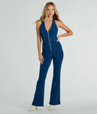 Coolest In Town Halter Zip-Up Flare Denim Jumpsuit