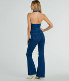 Coolest In Town Halter Zip-Up Flare Denim Jumpsuit