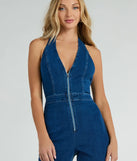 Coolest In Town Halter Zip-Up Flare Denim Jumpsuit