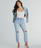 Stay on trend with the Love Your Look High-Rise Straight-Leg Denim Jeans, women's denim pants with cool accents and comfy fits, great for office looks or a night out.