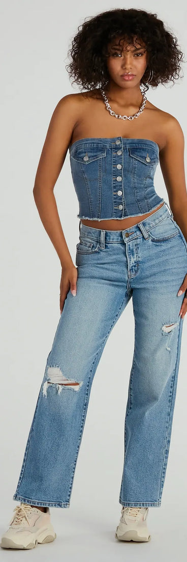 Create bold, fashion-forward looks for spring or summer with the Serve Style Mid-Rise Straight-Leg Denim Jeans in medium denim wash, a must-have piece from Windsor’s collection of stylish bottoms for women.