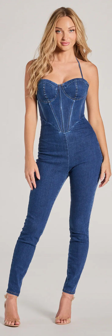 The Fresh Feels Halter Sweetheart Corset Denim Catsuit in dark denim wash brings edge and energy to your vibe, ready to elevate any festival look or concert outfit.