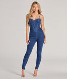The Fresh Feels Halter Sweetheart Corset Denim Catsuit in dark denim wash brings edge and energy to your vibe, ready to elevate any festival look or concert outfit.
