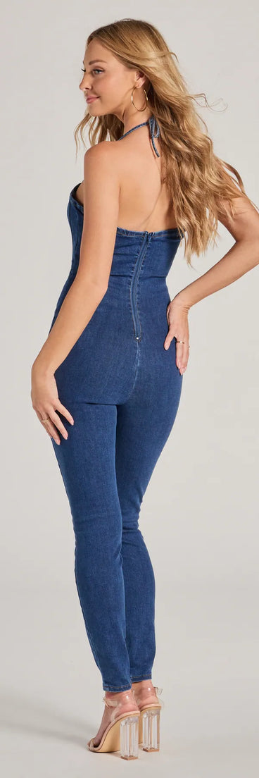 The Fresh Feels Halter Sweetheart Corset Denim Catsuit is a trendy women's bottom in dark denim wash, designed with modern details and alluring textures to complete chic outfits for 2025.