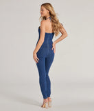 The Fresh Feels Halter Sweetheart Corset Denim Catsuit is a trendy women's bottom in dark denim wash, designed with modern details and alluring textures to complete chic outfits for 2025.