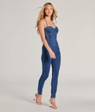 Stay on trend with the Fresh Feels Halter Sweetheart Corset Denim Catsuit, a women's denim jumpsuit with cool accents and comfy fits, great for office looks or a night out.