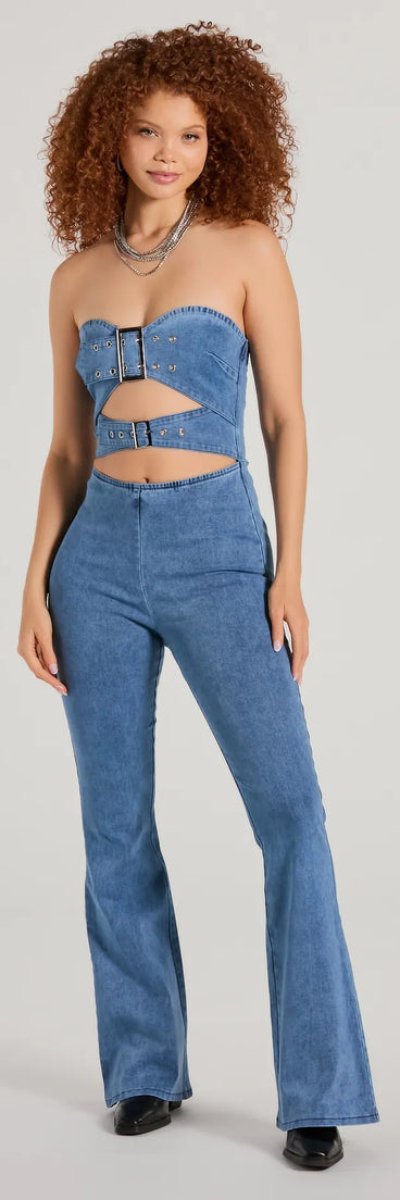 The Double The Style Buckle Cutout Flare Denim Jumpsuit is a pair of stylish women's denim pants, perfect for creating easy winter outfits, from casual days to holiday gatherings.