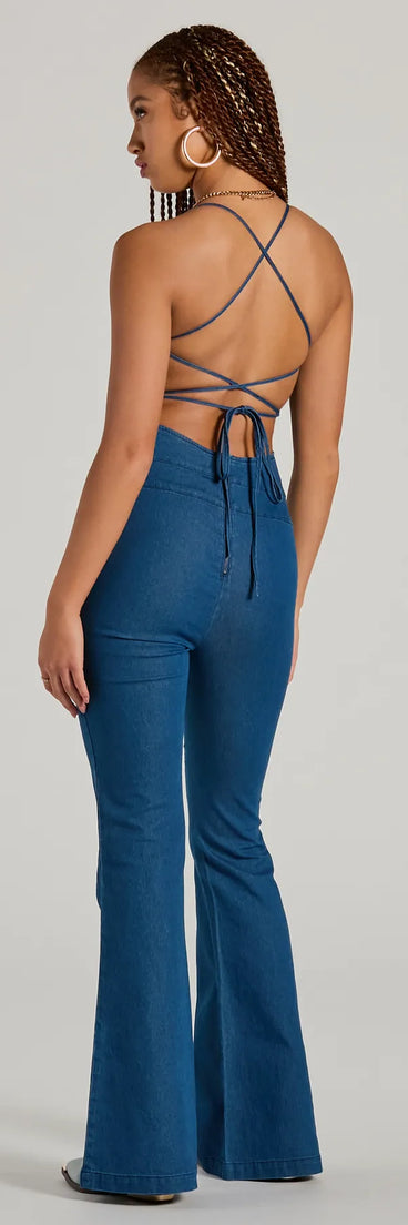  Casual And Cool Lace-Up Flare Denim Jumpsuit is a women's jumpsuit with an on-trend leg style and elevated fabric that adds texture, perfect for crafting effortless office-ready winter outfits.