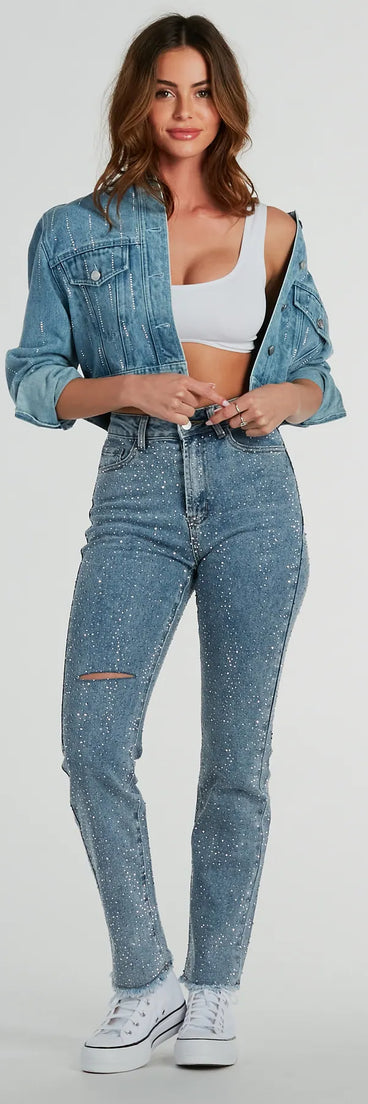 Refresh your fall closet with stylish women's pants like the Glam Girlie Rhinestone High Waist Straight-Leg Jeans in a sleek fabric and a pant leg style that makes your look unique.
