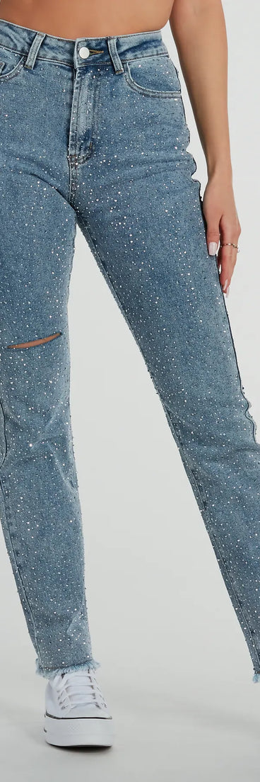 Refresh your fall closet with stylish women's pants like the Glam Girlie Rhinestone High Waist Straight-Leg Jeans in a sleek fabric and a pant leg style that makes your look unique.